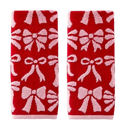 SKL Home Bow Jacquard 100% Cotton Premium 2-Piece Hand Towel Set, 500 GSM, Reversible, Soft & Absorbent, Everyday/Christmas/Winter/Valentine's, Decorative for Bath/Kitchen/Bar, Red/Pink - Image 1