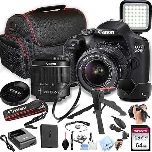 Canon EOS 2000D / Rebel T7 DSLR Camera w/EF-S 18-55mm F/3.5-5.6 Zoom Lens + 64GB Memory, LED Video Light, Case, Gripster Tripod, and More (Essential Bundle) (Renewed) - Image 1