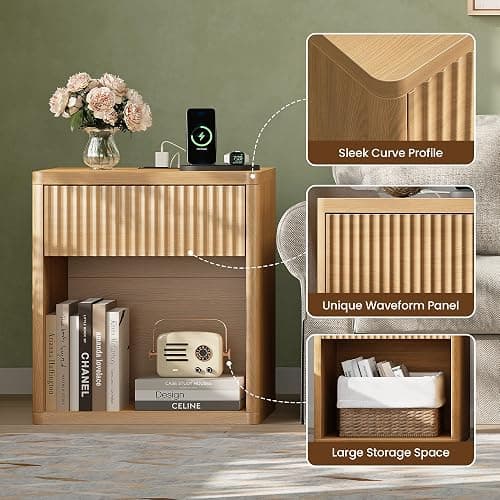 Fluted Nightstand Set of 2 with Charging Station, 21.7" Wide Modern Bedside Table with 1 Drawers Open Storage Cabinet, Wooden End Table for Bedroom, Natural Oak thumbnail 4