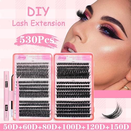 Bransfy Lash Clusters Kit 50D 60D 80D 100D 120D 150D Eyelashes Clusters Kit 8-16mm Individual Lash Extension Kit D Curl Fluffy False Eyelashes with Tweezer Bond and Seal DIY at Home (Kit 50D-150D) thumbnail 2