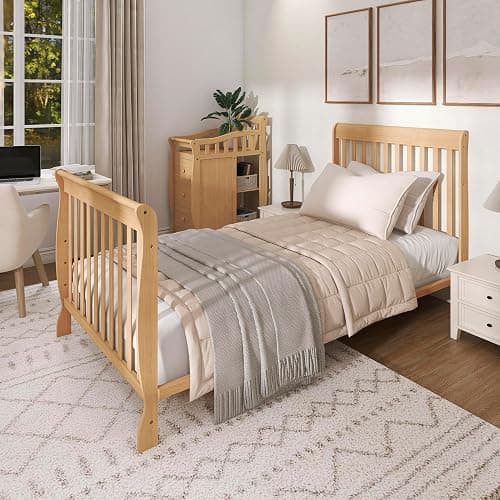 Dream On Me Jayden 4-in-1 Convertible Mini Baby Crib with 3 Drawer Changer | Converts to Daybed & Twin Size Bed, Wooden Crib with Mattress, 3 Adjustable Heights, GREENGUARD Gold & BSA Verified, Natural thumbnail 10