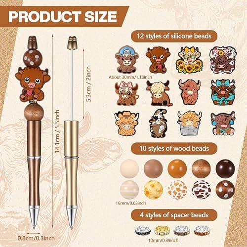 Geyee 12 Set Beadable Pens Assorted Bead Pens Wood Crystal Round Spacer Set Black Ink DIY Ballpoint for Women Men Gift Office Supplies(Multicolor,Cow) thumbnail 3
