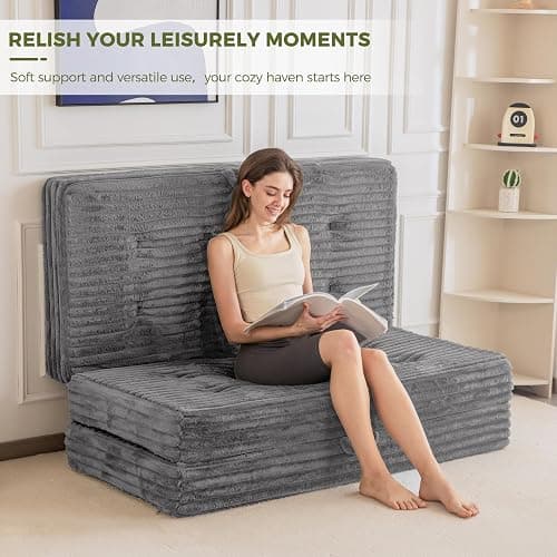 MAXYOYO Folding Sofa Couch Bed, 6 Inch Tri-Fold Floor Sofa Bed, Folding Mattress with Handles, Soft Faux Fur Folding Bed with Supportive Foam Filling, Portable Couch for Living Room, Twin, Grey thumbnail 6