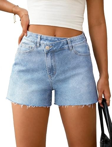 IWD Women's Low Rise Jean Shorts Stretchy Crossover Waist Denim Shorts Frayed Raw Hem Casual Summer Baggy Jorts - Image 1