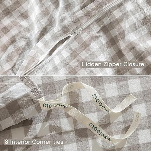 MooMee Gingham Duvet Cover Set 100% Washed Cotton Linen Like Textured Breathable Durable Soft Comfy Modern Checkered Design (Tannish Linen Grey Gingham, Palatial King/Oversized King 120"x98") thumbnail 8
