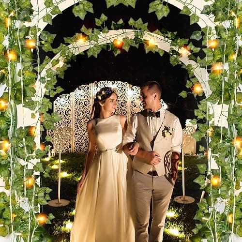 JACKYLED 84Ft 12 Pcs Artificial Ivy Garland Fake Vines with 65ft 200 LED String Lights and Remote Control Faux Hanging Leaves thumbnail 2