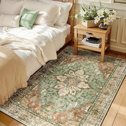 RELEANY Area Rugs 3'x5' Washable Non-Slip, Floral Vintage Distress Print Pattern Medallion Carpet for Living Room Bedroom Dining Room, Brick Red Rust Neutral Brown Burnt Orange Green - Image 1