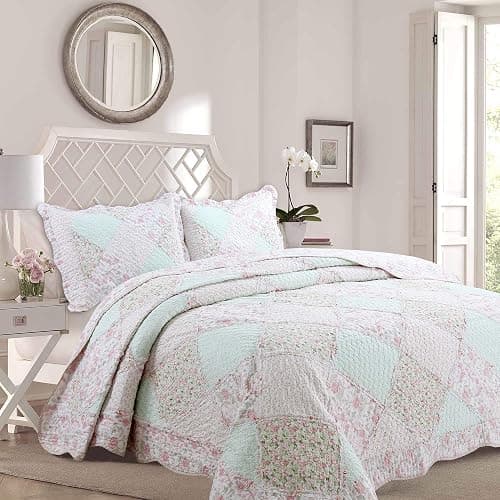 Cozy Line Home Fashions 100% Cotton Real Patchwork Floral Pink Rose Shabby Chic Girly Reversible Quilt Bedding Set, Coverlet Bedspread (La Rosa Rêve, Twin - 2 Piece) - Image 1
