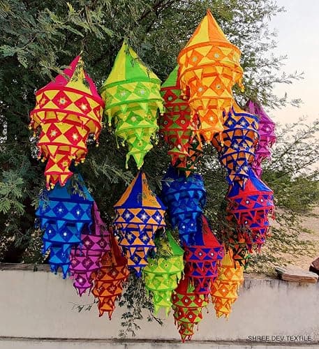 INDIANHANDICRAFTS 5 Pc Lot Indian Wedding Decor Lanterns Collapsible Lamps Colorful Hippie Bohemian Tent Hangings Garden Chandeliers Cotton Fabric Lampshades SDTH0012 Multicolor 16x16x35 inch thumbnail 2