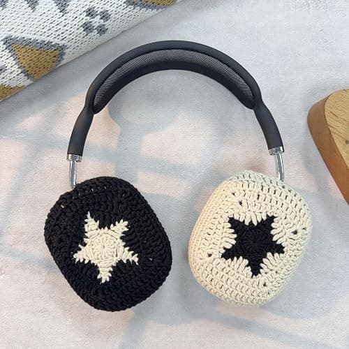 Handmade Crochet Black and White Star Headphone Cover – Compatible with AirPods Max, Protective Case for Music Lovers - Image 1