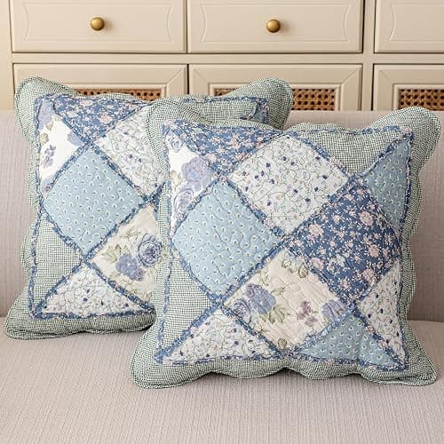 vctops Set of 2 Quilted 100% Cotton Boho Throw Pillow Covers 18" x 18" Farmhouse Country Floral Patchwork Decorative Cushion Cover, Patchwork Flower F - Image 1
