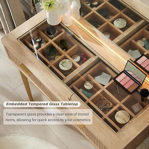 T4TREAM Fluted Makeup Vanity Desk with 36" HD Lighted Mirror, 48" Big Modern Vanity Desk with Mirror and Lights, Dressing Table with 5 Drawers & Shelves, Glass Top for Bedroom (Natural Oak) thumbnail 4