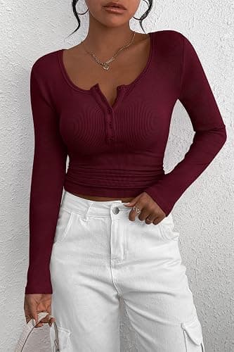 PRETTYGARDEN Women's Fall Long Sleeve Henley T Shirts | Soft Ribbed Knit, Button Up, Slim Fitted, Layering Tops, Plain Basic Tee, Trendy Casual, Spring Outfits, Fashion Clothing thumbnail 9