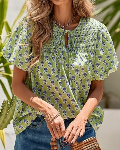 KIRUNDO Boho Tops for Women Summer 2026 Dressy Floral Blouse V Neck Drawstring Short Sleeve Shirts Beach Vacation Clothes thumbnail 5