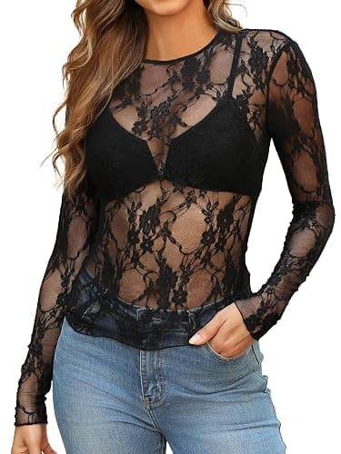 OFEEFAN Womens Mesh Tops Lace Long Sleeve Shirts Crewneck Slim Fitted Outfits See Through Blouses thumbnail 3