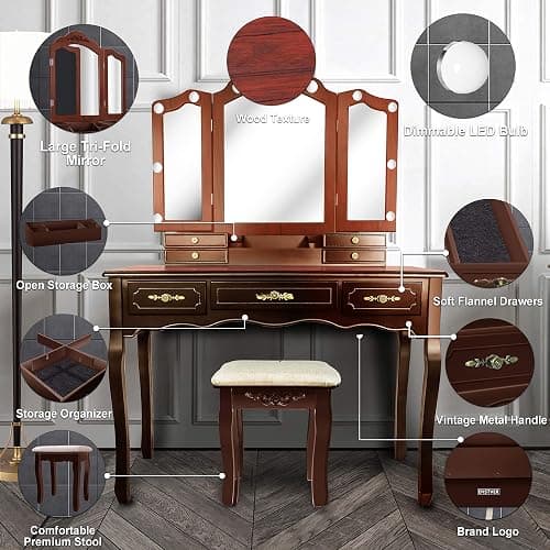 ENSTVER Vintage Vanity Desk with Mirror and Lights, Tri-Folding Mirrors, 6 Organization 7 Drawers Makeup Dress Vanity Table with Cushioned Stool-Espresso thumbnail 4