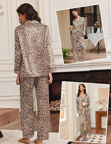 Ekouaer Silk Satin Pajama Set for Womens Button Up Long Sleeve Pjs Sleepwear Soft 2 Piece Loungewear S-XXL thumbnail 5
