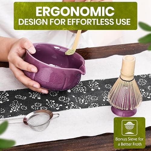 MEAZDUS Matcha Whisk Set – 5 Piece Japanese Matcha Tea Set w/Ceramic Matcha Bowl, 100-Prong Bamboo Whisk & Holder, Scoop, & Stainless Sifter – Traditional Matcha Making Kit (Midnight Purple) thumbnail 7