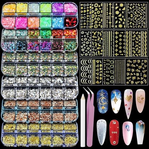 Artdone Nail Art Studs Kit, 6 boxes Multicolor And Design 3D Charms Pearls With 15 Sheets Gold Nail Stickers, Diamond Cute Nail Jewels For DIY Decoration with Pickup Tools - Image 1