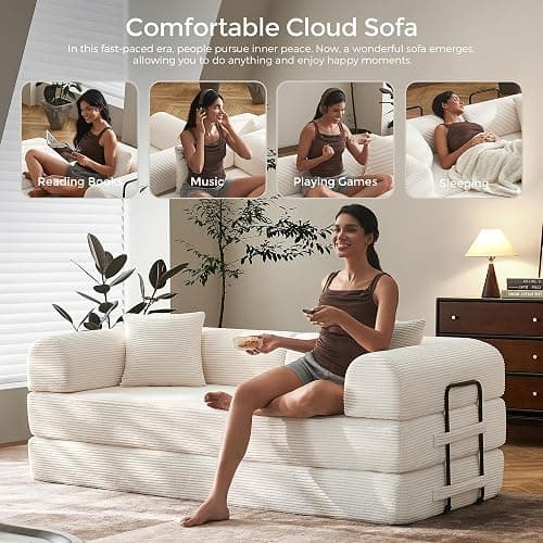 SAVENICA 79" Corduroy Floor Sofa Bed, Convertible Modular Sleeper Sofa, Removable Parts Design, Comfortable Seating and Sleeping, for Family Use, Relaxation Area (Beige White) thumbnail 8