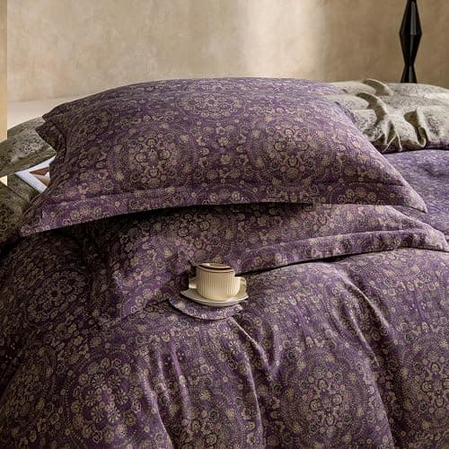 mixinni Purple Green Floral Duvet Cover King Size, Elegant Double-Layer Yarn Premium Cotton Vintage Duvet Cover Set, Exquisite Jacquard Design Bedding Set with 2 Pillowcases Perfect for Him and Her thumbnail 5