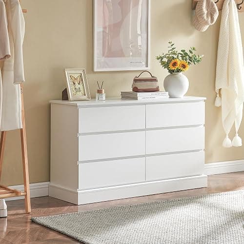 Alaxgumrol White Bedroom Dresser Modern 6 Drawers Dressers Wood Organizer Wide Dresser & Chest of Drawers Storage for Living Room, Entryway, Hallway - White - 15.7"D x 47.3"W x 27.6"H (6 Drawers) thumbnail 2