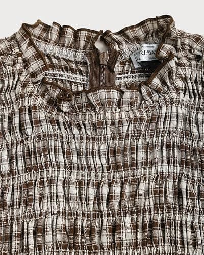 RIHOAS Plaid Gingham Midi Dress Short Sleeve Smocked Dresses for Women | Cotton,Ruffle Puff Sleeves,Vintage Brown,Spring Summer Casual Daily,Picnic,Travel,Vacation,Christmas Festive Occasions thumbnail 7