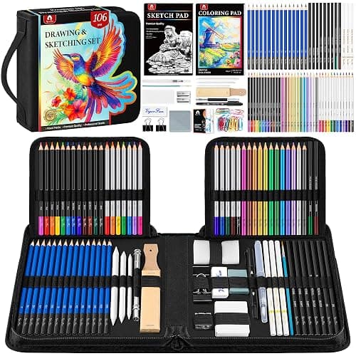 106 PCS Art Supplies Sketching Kit, Pro Drawing Pencils with 3-Color Sketchbook, Coloring Book, Colored Graphite Charcoal Watercolor & Metallic Pencils, Drawing Supplies Gifts for Artists Adults Kids - Image 1