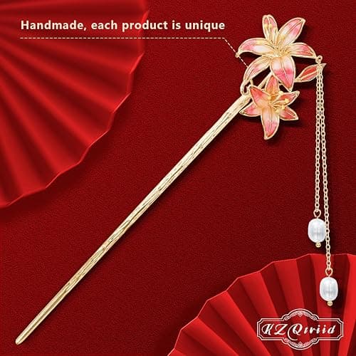 KZQtriid Hair Accessories，14k Gold Plated Copper，Vintage Handcrafted，7.28" Hair Chopsticks For Women，Colour Enamels Pearl Lilies Tassels Hair Stick，Hair Clip thumbnail 4