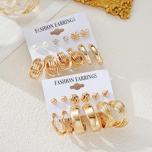 12 Pairs Chunky Gold Hoop Earrings for Women Trendy, Gold Plated Lightweight Hypoallergenic Stack, Thick Open Twisted Huggie Hoops Earring Set thumbnail 5