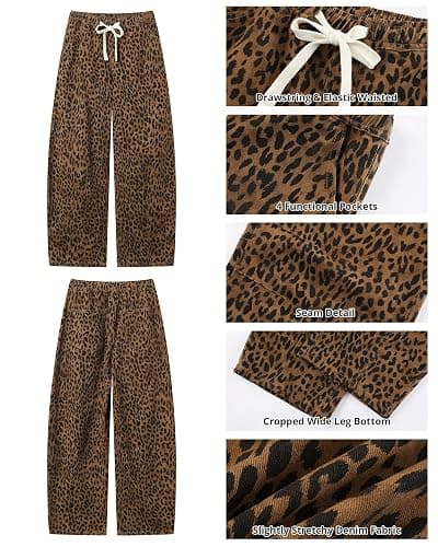 GRAPENT Barrel Jeans for Women Trendy High Waisted Pull On Wide Leg Cropped Leopard Cheetah Print Stretchy Denim Pants thumbnail 4