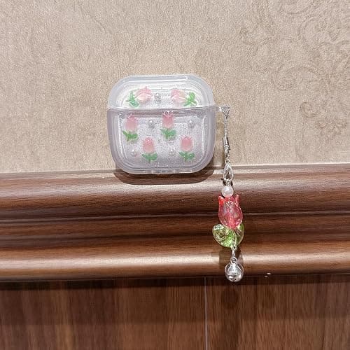 JANDM 3D Tulip for AirPods Pro 3 Case with Keychain, Clear Glitter Pink Floral Design, Shockproof Protective Cover for Women Girls with Flower Charm Strap thumbnail 6