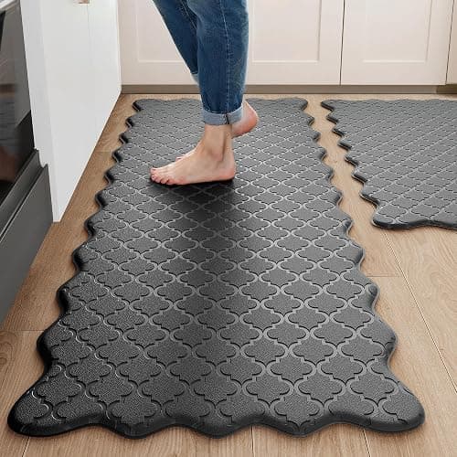 Arenarug Upgrade Scalloped Embossed Kitchen Mats for Floor 2PCS Cushioned Anti Fatigue Waterproof Foam Kitchen Rugs Non Slip Washable Comfort Standing Mat for Office Sink Laundry, Black - Image 1