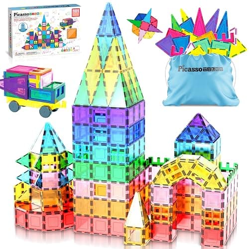 PicassoTiles 101 PCs Magnetic Tiles Building Blocks with Car & Drawstring Carry Bag Toy Storage Magnet Block for Toddlers Kids STEM Toy Set Educational Tile Learning Brain Development Ages 3+ PC101 - Image 1