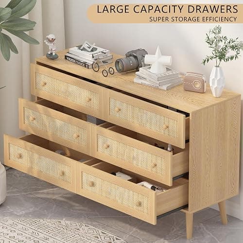 HUANLEGO Rattan Dresser for Bedroom, Modern 6 Drawer Dressers & Chest of Drawers, Natural Boho Dresser with Handles Wood Storage Organizer Modern Dressers for Closet, Hallway, Office thumbnail 3