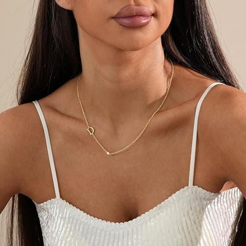 Initial Necklaces for Women,14K Gold Plated CZ Sideways Letter Necklace Dainty Small Cute Gold Initial Necklace Personalized Custom Name Choker Necklaces for Women Non Tarnish Jewelry Aesthetic Stuff thumbnail 2