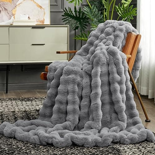 Cozy Bliss Faux Fur Throw Blanket for Couch, Fuzzy Soft Plush Thick Bubble Blanket for Sofa Bedroom Living Room,50 * 60 Inches Light Grey thumbnail 6