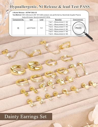 Florideco Flat Back Earrings Hypoallergenic Surgical Steel Earrings for Women Trendy Cartilage Chain Hoop Earring Studs 14K Gold Plated Star Heart CZ Flatback Stud Earring Sets for Multiple Piercing thumbnail 6