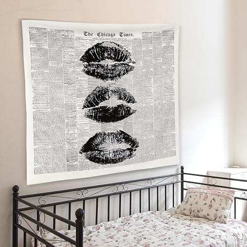 WNAGT Vintage the Chicago Times Newspaper Tapestry Wall Hanging, Retro Chic Black and White Minimalist Kiss Lips Wall Blanket Decor for Girls Bedroom Dorm Apartment Home, 50x60 Inch thumbnail 4