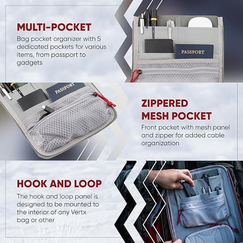 Vertx Admin Organizer Multi Pocket for Backpack, Bag Organization, Hook and Loop Attachment, Grey - One Size thumbnail 3