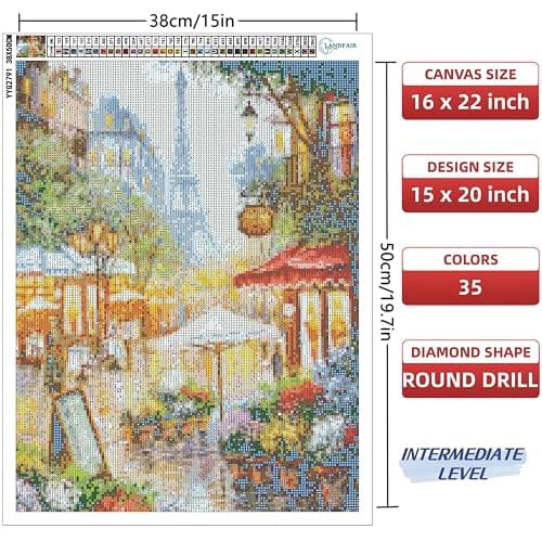 LANDFAIR Diamond Painting Kits - 15x20 inch Round Full Drill Flower Shop de Paris Diamond Art Kits for Adults thumbnail 2
