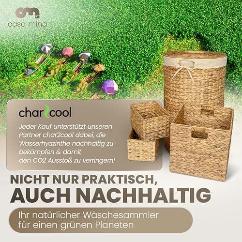 Casa Mina® Wäschekorb mit Deckel | Atmungsaktiver Wäschekorb geflochten aus 100% Naturfaser I Robuster Wäschesammler mit Griffen & waschbarem Innensack I Wäschekörbe (Natur, 30 x 44cm) thumbnail 6