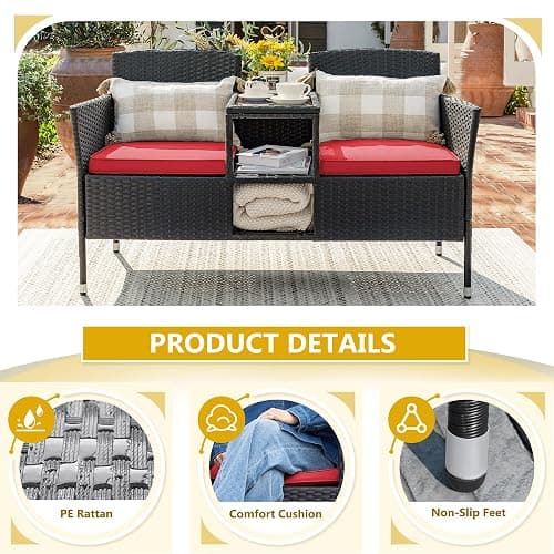 Devoko Outdoor Patio Loveseat Modern Rattan 2-Seat Patio Conversation Set with Cushions & Built-in Coffee Table Porch Furniture for Garden Lawn Backyard (Red) thumbnail 5
