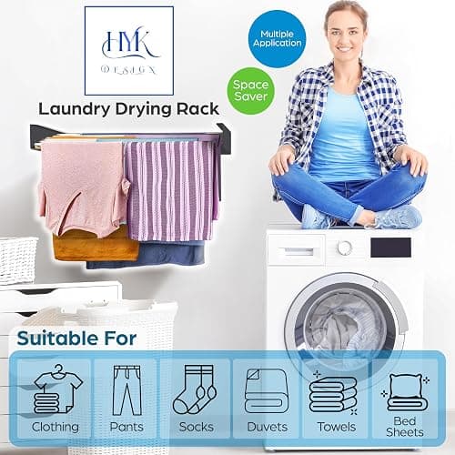HYK Wall Mounted Clothes Airer - Foldable Clothes Drying Rack - 35kg Capacity - Indoor & Outdoor Use Easy to Install - Retractable Drying Rack for Laundry, Bedroom, Garden (WHITE, 70 CM) thumbnail 3
