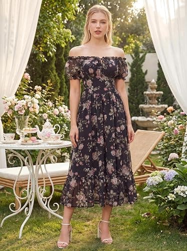 Scarlet Darkness Floral Corset Dress Women Summer Cottagecore Flowy Dress | Puff sleeve, off the shoulder or square neck, slit hem, side pockets; ideal for tea party, wedding, vacation, date thumbnail 5