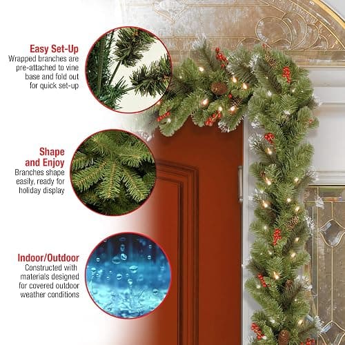 National Tree Company 9 ft Pre-Lit Crestwood Spruce Artificial Christmas Garland, Christmas Decoration with Glitter, Pinecones, Red Berries, 50 Clear Lights, 180 Tips, Green thumbnail 6