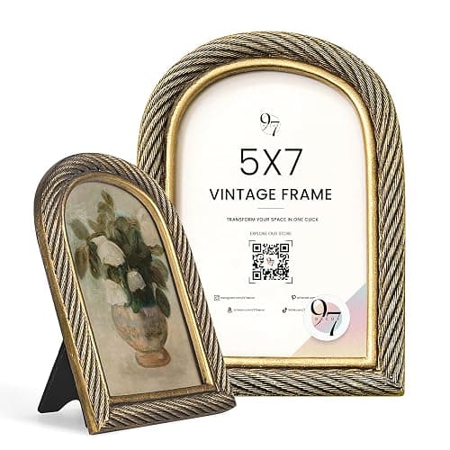 97 Decor Rustic 5x7 Gold Picture Frame- Gold Vintage Frame 5x7, Antique Ornate Photo Frame 5 By 7 Picture Frame, Arch Frame For Tabletop And Wall Hanging - Image 1