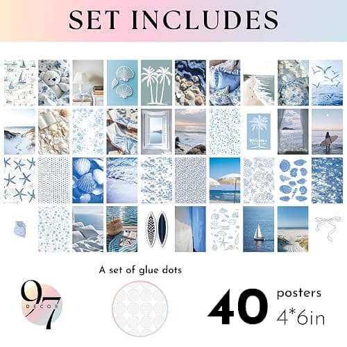 97 Decor Coastal Wall Art - 40 Pcs Blue Ocean Art Prints, Beachy Collage, Summer Pictures, Beach Wall Decor For Bedroom Dorm (4x6) thumbnail 2
