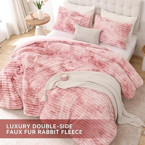 Smoofy Fluffy Full Size Comforter Sets 3 Pieces - Tie-dye Pink Fleece Fluffy Comforter Set, Luxury Fuzzy Full Bed Set, Soft Comforter Full Size All Season, Heavy Faux Fur Comforter with 2 Pillow Case thumbnail 4