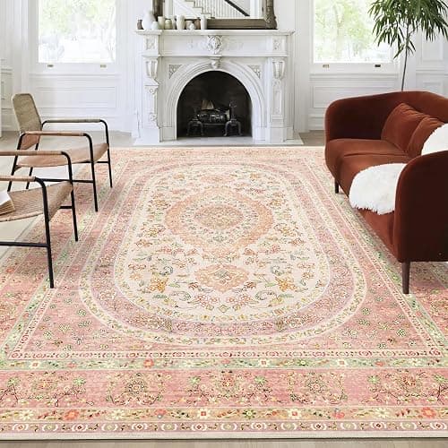 Castage 9x12 Area Rugs Washable,Pink Rug for Living Room Bedroom Dining Room,Large Boho Vintage Bohemian Distressed Farmhouse Carpet Non Slip,Blush Floral thumbnail 2